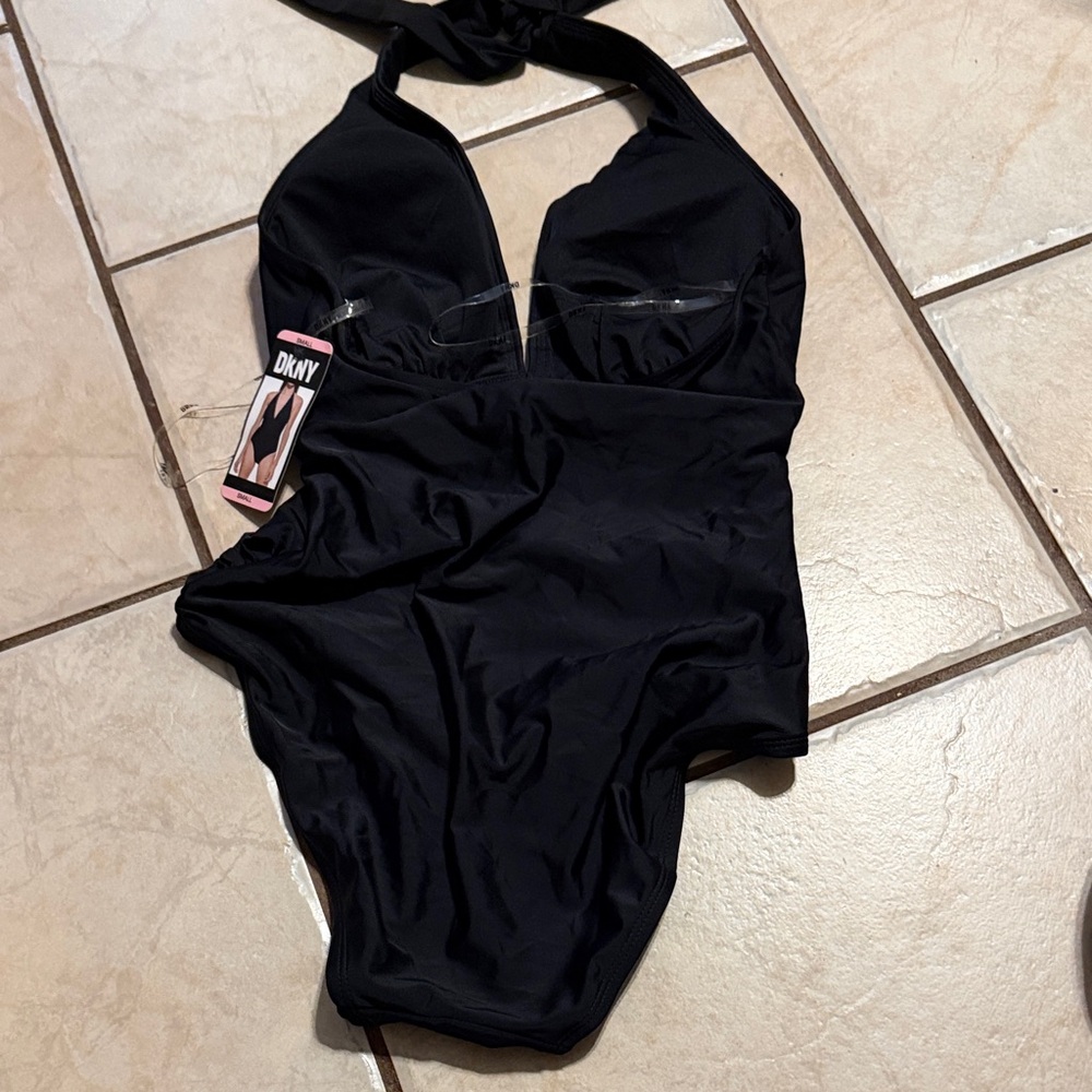 Dkny Black Halter V-Neck One-Piece Swimsuit with Ruching - Picture 2 of 3